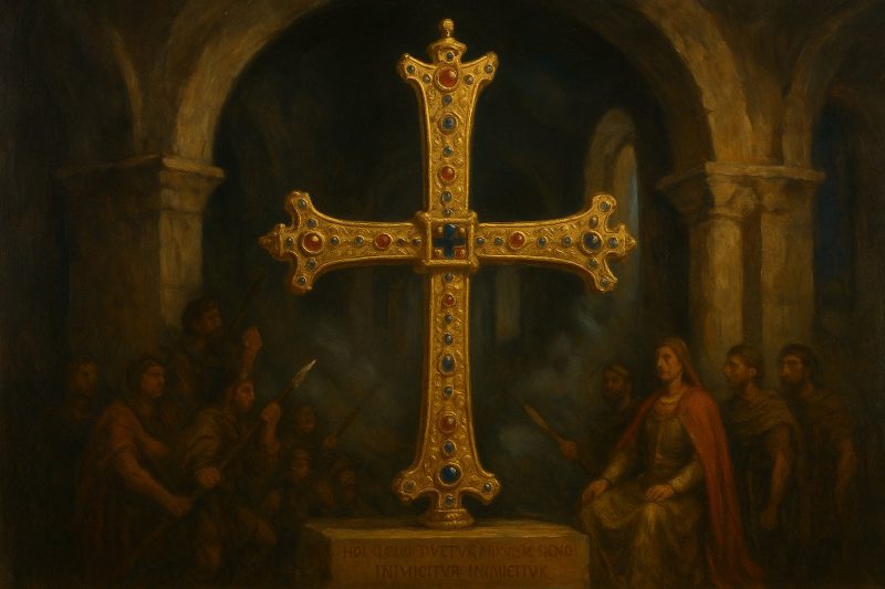 La Cruz de la Victoria, símbolo de Asturias, en una representación artística solemne