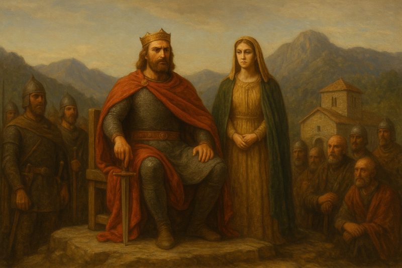Don Pelayo proclamado como primer rey de Asturias junto a Gaudiosa en Cangas de Onís
